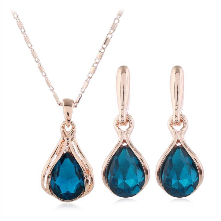 Fashion Geometric Rhinestone Necklace Earring Set Elegant Blue Teardrop Shaped Crystal Necklace Jewelry Women Luxurious Necklace A
