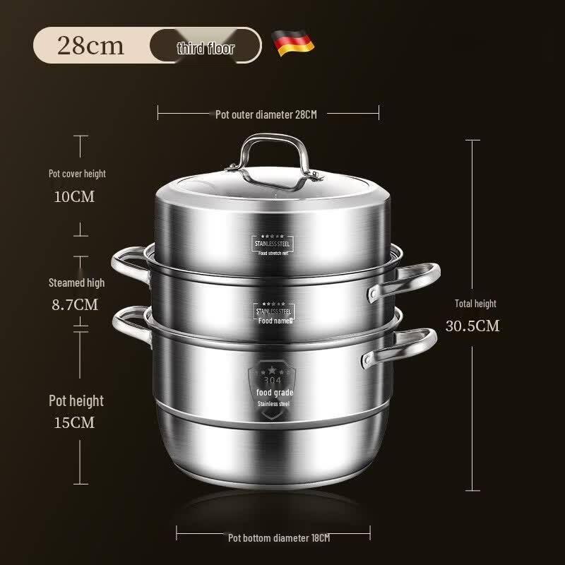 Stainless Steel 3-Layer Steamer Pot, 28CM