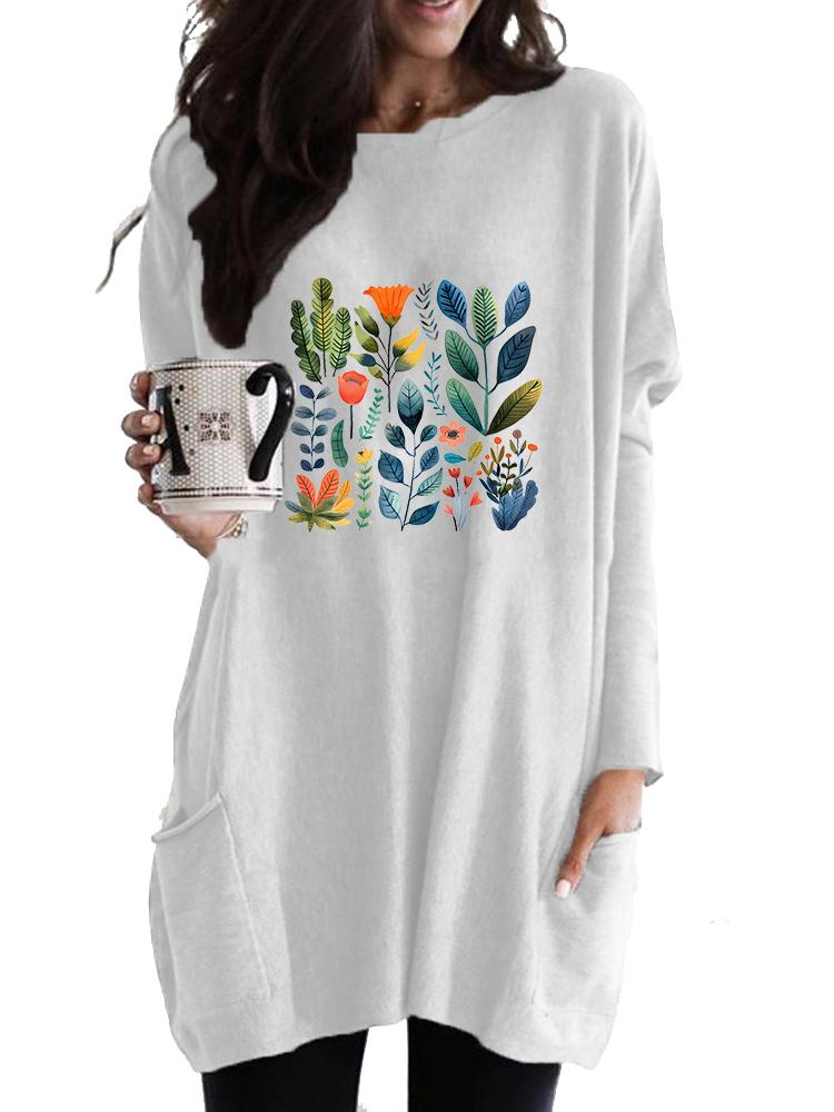 Ladies Sweatshirt Women's Long Tunic with Pockets Loose Fit Fashion Printed Logn Sleeve Top
