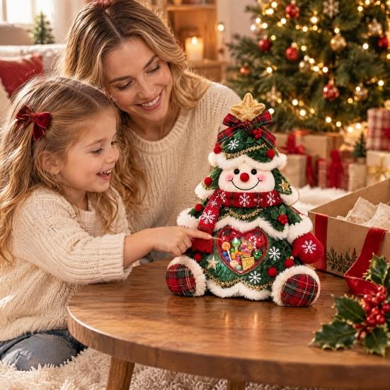 Cute Christmas Table Centerpiece Refillable Snowman Treat Holder, Plush Sitting Figure Candy Jar with Clear Heart Soft Decoration Window, 3D