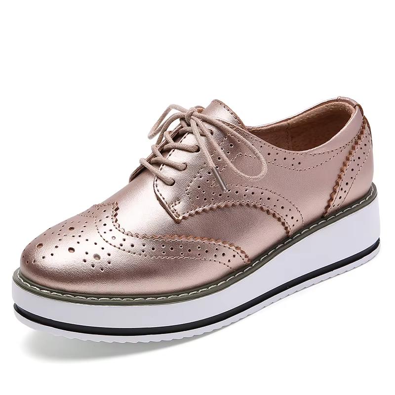 Women's Oxford Flats - Genuine Leather Wingtips Lace-Up Comfort Brogue Derby Patent Platform Casual Shoes for Spring Autumn