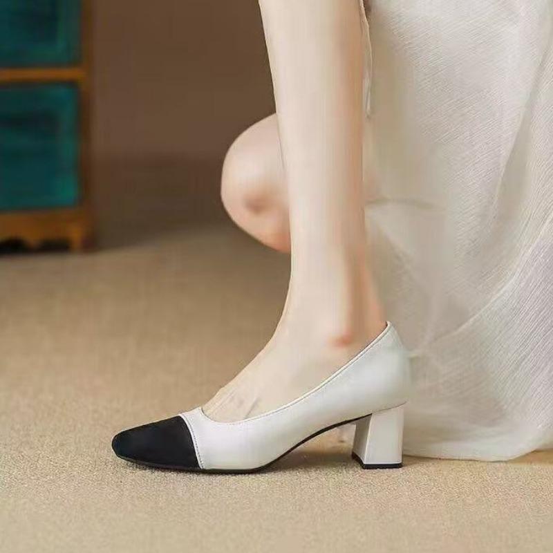 Temperament color matching high heels women's autumn new light mouth soft leather medium heel thick heel single shoes