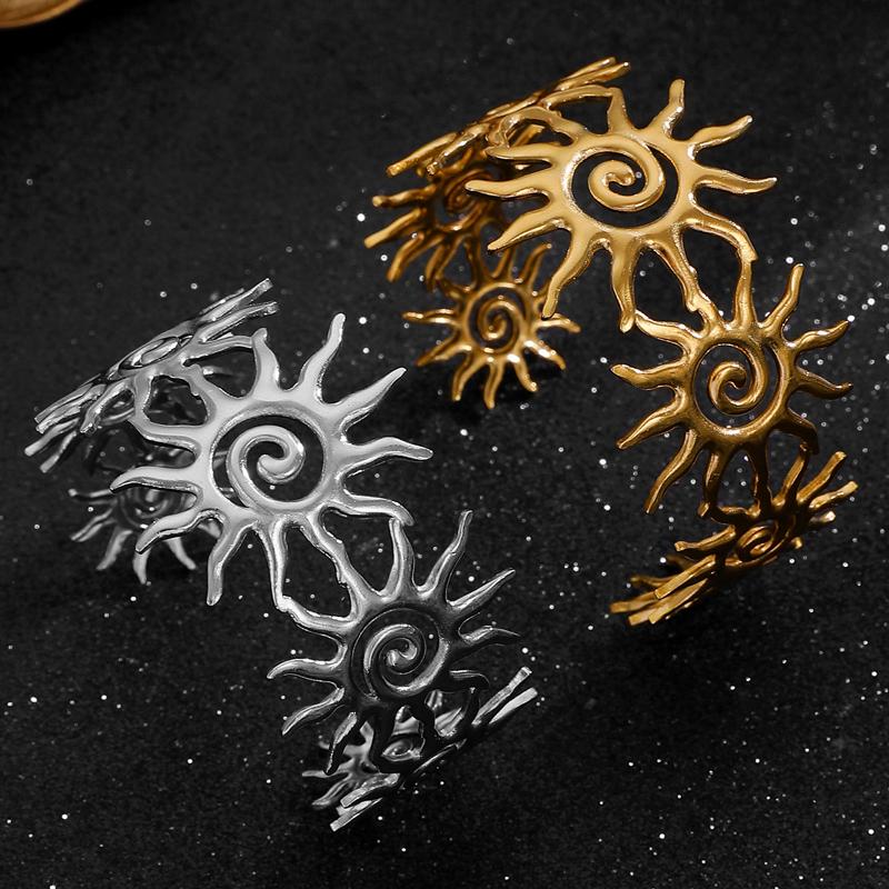Luxury Stainless Steel Sunflower Open Bracelet for Women Punk Gold Color Spiral Sun Hollow Hand Chain Gothic Charms Jewelry Gift