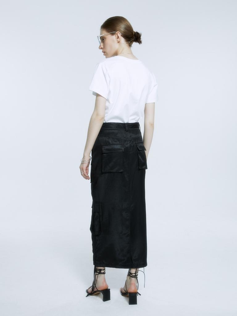 Muse Lily Side String Belted Satin Cargo Long Skirt_Black