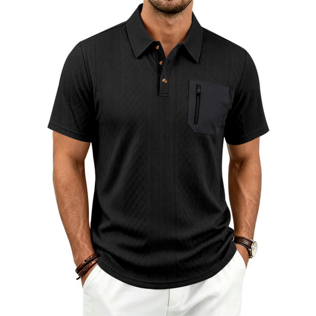 Men's Jacquard Casual Loose Fit Business Short Sleeve Polo Shirt with Collar Pocket and Zipper Detail Suitable for Daily Wear