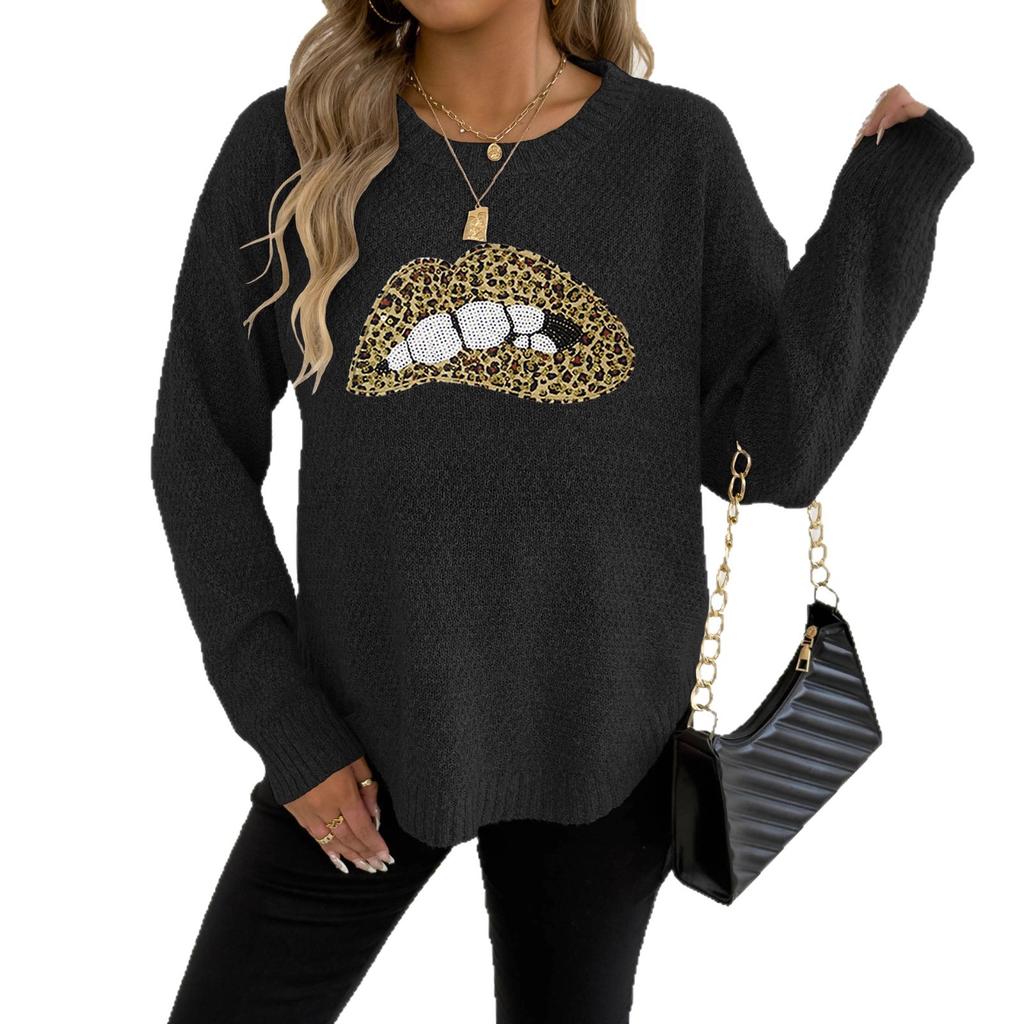 A Leopard Print Embroidered Sequined Lip Personalized Round-neck Pullover Sweater for Women