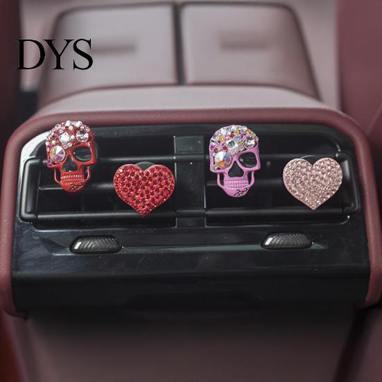 Personalized Auto Interior Trim 2 Pcs Bling Skull Heart Car Air Vent Clips, Rhinestone Shiny Alloy Perfume Holder Dashboard Clip, Funny Head Ornament