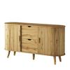 Sideboard mit vertikaler Maserung, zwei Schiebetüren, zwei Schubladen, Beine aus Massivholz und Eckschrank mit abgerundeten Ecken für das Wohnzimmer.