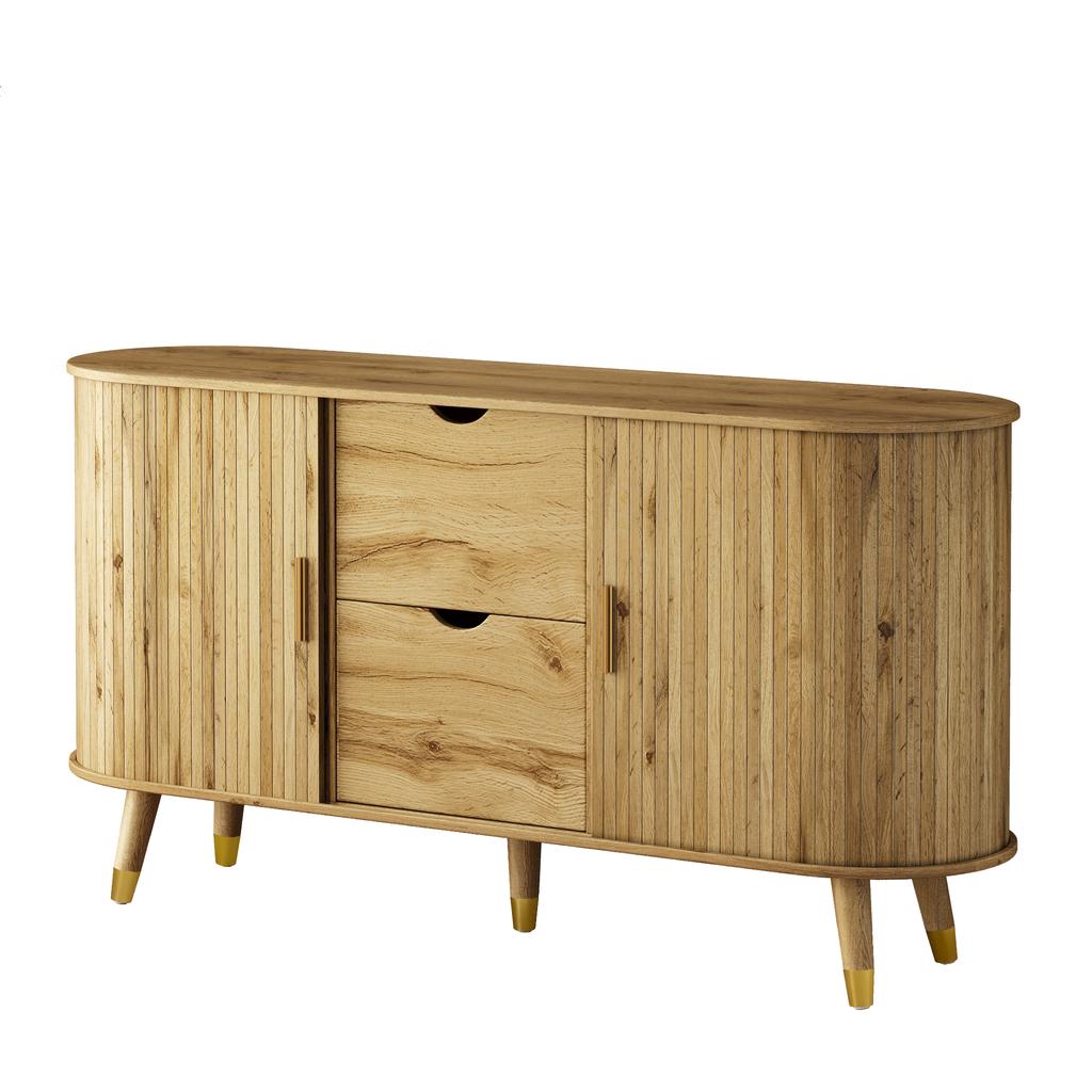 Sideboard mit vertikaler Maserung, zwei Schiebetüren, zwei Schubladen, Beine aus Massivholz und Eckschrank mit abgerundeten Ecken für das Wohnzimmer.