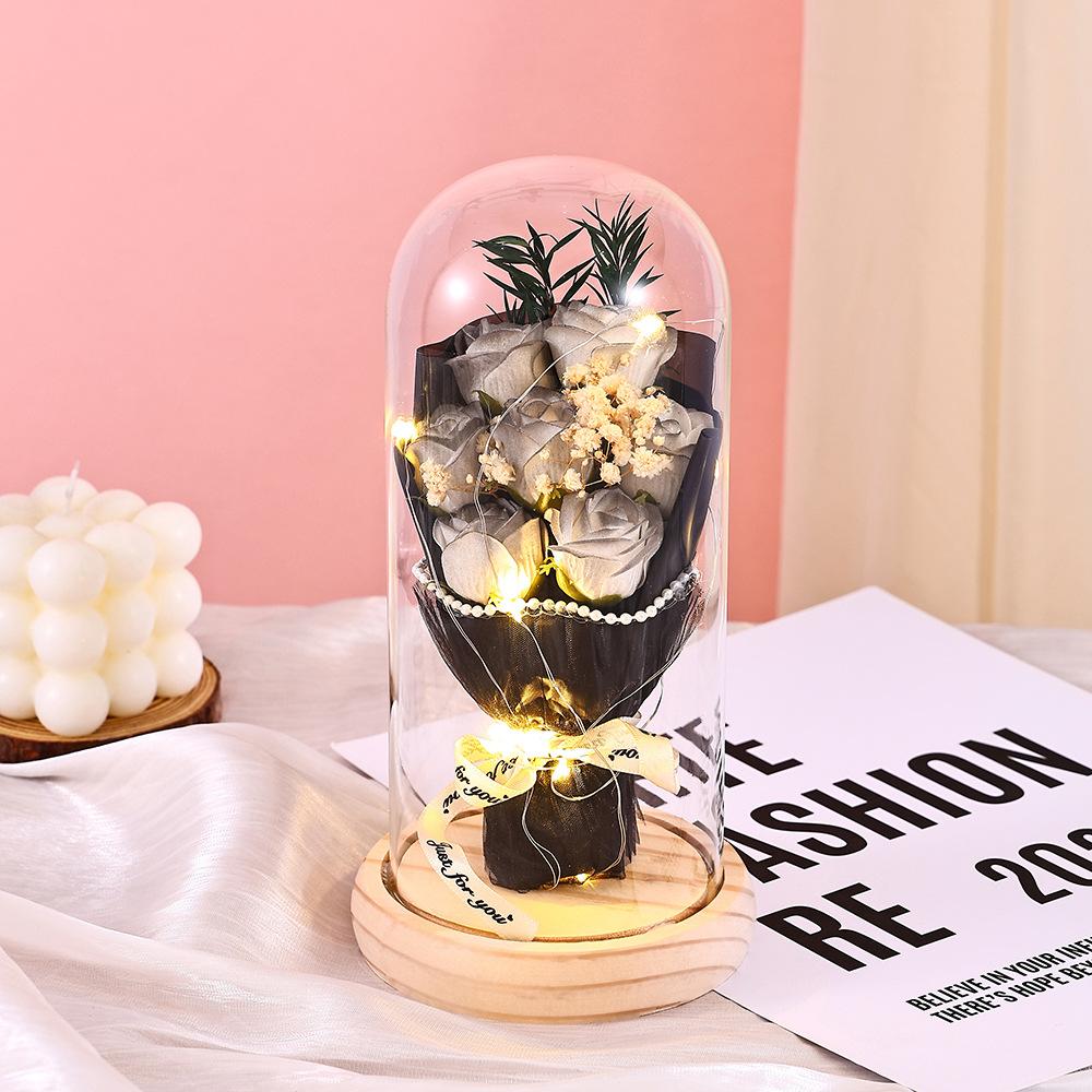 Qixi Festival Valentine's Day Gift Log Base Immortal Rose Glass Cover Creative Soap Flower Gift
