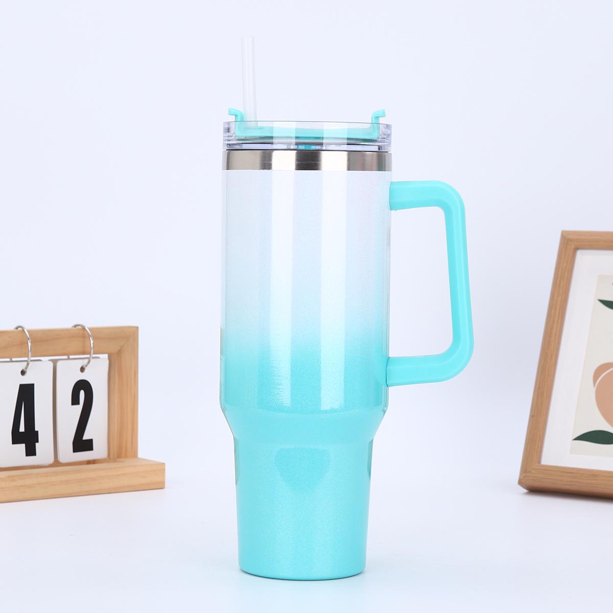 40oz Gradient Rainbow Stainless Steel Insulated Car Cup with Straw & Handle 40oz