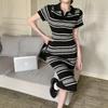 Women's Summer 2025 Striped Knitted Polo Dress - Slimming, Hip-Hugging Mid-Length Style