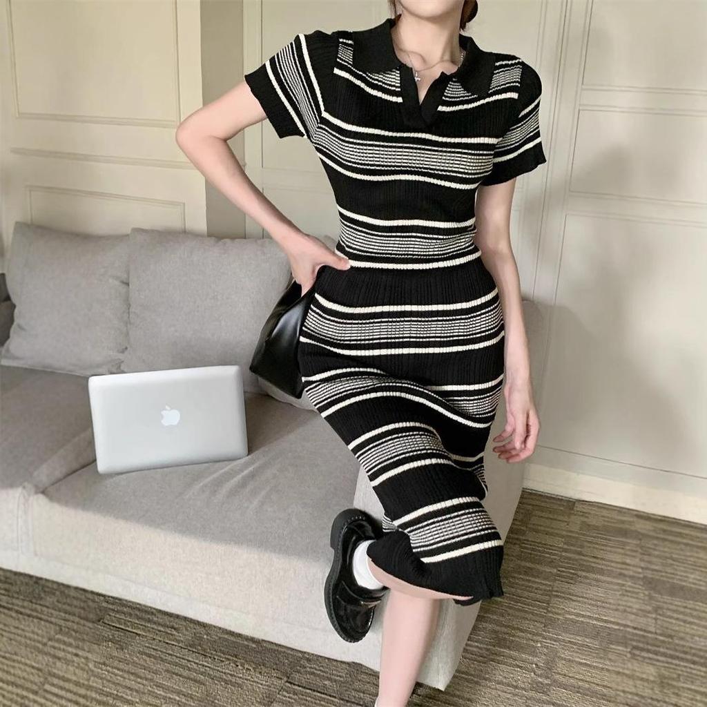 Women's Summer 2025 Striped Knitted Polo Dress - Slimming, Hip-Hugging Mid-Length Style