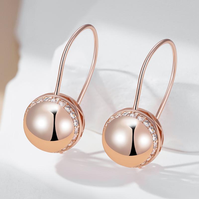 Rose Gold Color Big Glossy Ball Drop Earrings For Women Simple Natural Zircon Accessories Ethnic Bride Wedding Jewelry