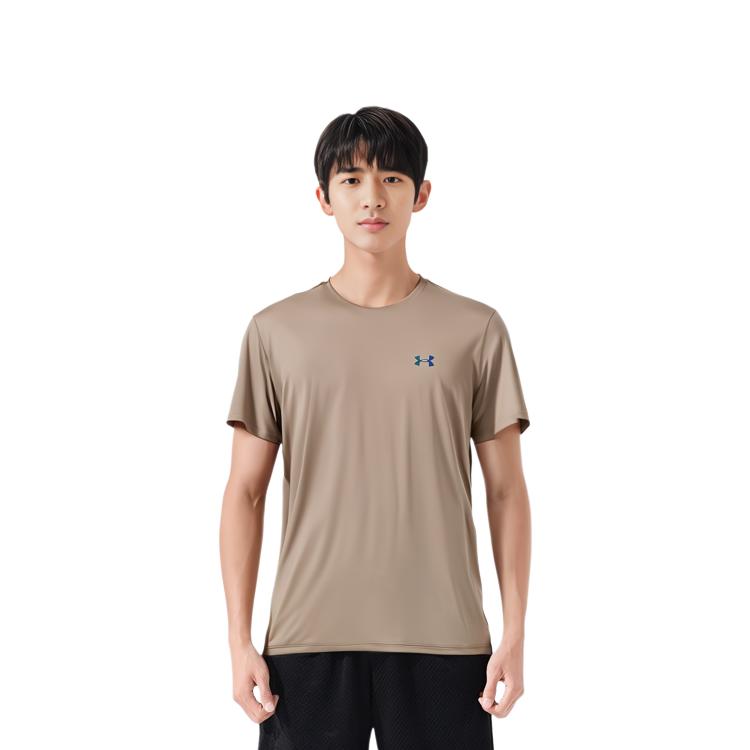 Under Armour Solid Logo Breathable Crew Neck Short Sleeve T-Shirt Men Tops Gray-Brown 1383668-203