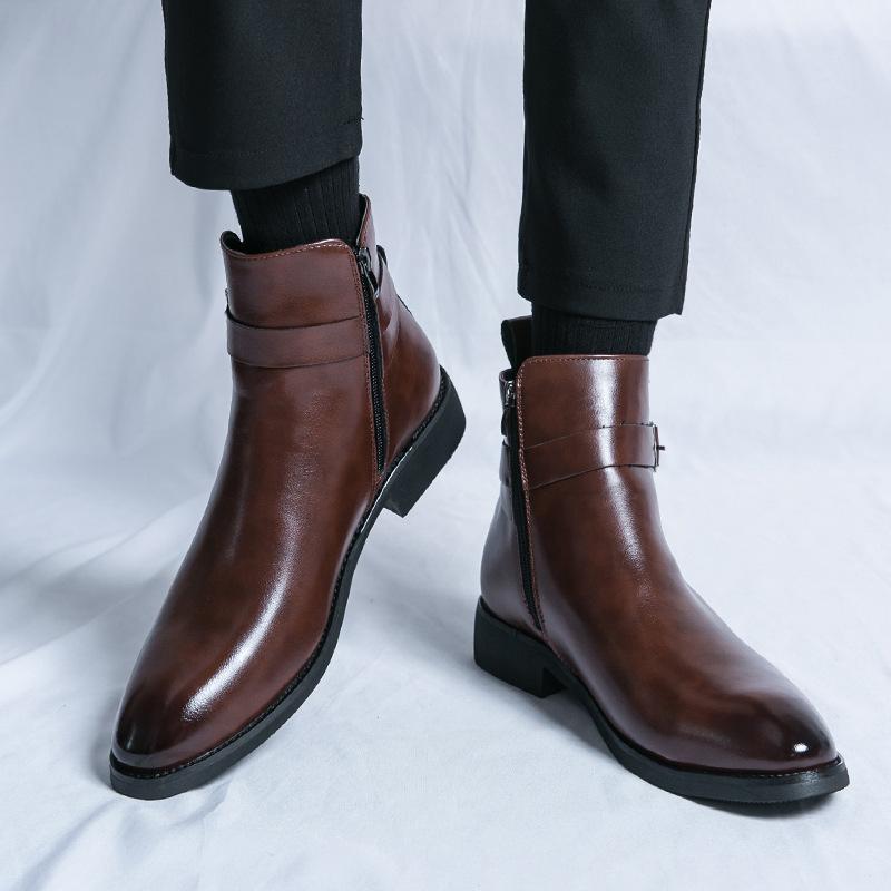 Large Size Chelsea Boots British High Top Leather Shoes Side Zipper Medium Top Martin Boots Gentleman