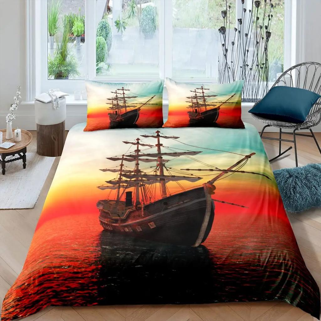Nautyczny Statek Żaglowy Król Królowa Poszwa na Kołdrę Szary Piracki Statek Zestaw Pościeli Styl Retro Poszwa na Kołdrę Miękka Poliestrowa Poszwa na Kołdrę