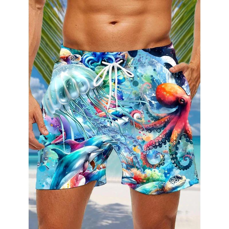 3d Seafood Print Men's Swimsuit Japanese Fish Hawaiian Shorts Men Summer Swim Shorts Drawstring Casual Shorts