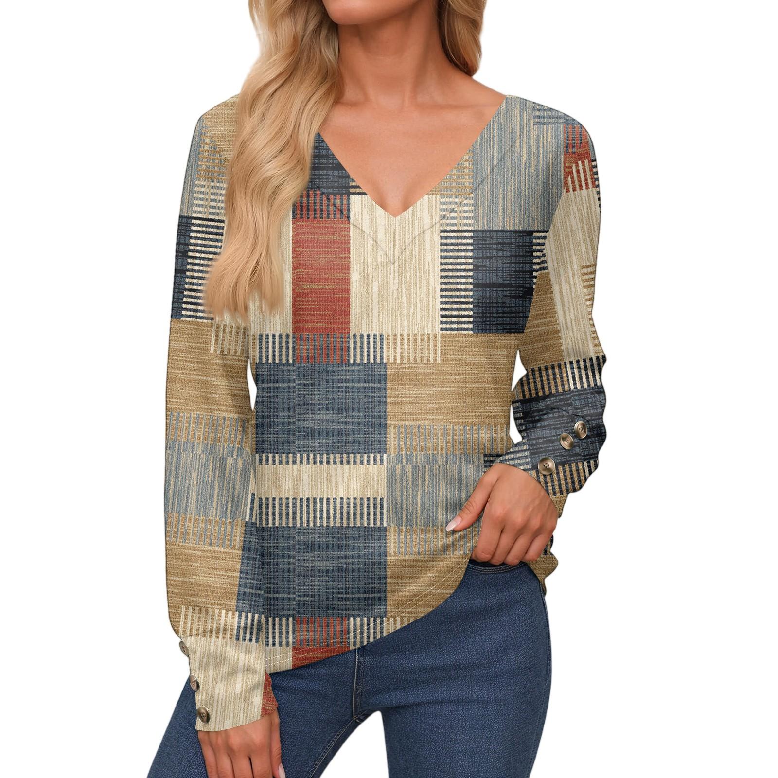 

Женские топы с длинными рукавами, манжетами на пуговицах, рубашка на пуговицах, повседневная свободная футболка с V-образным вырезом, цветочные топы S