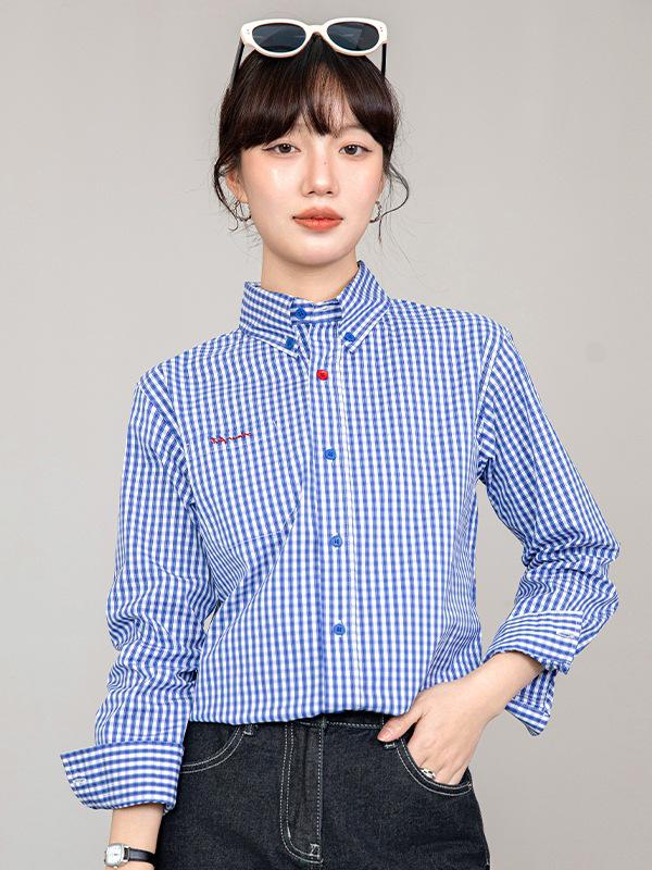 

Women s Retro College Style Blue Plaid Long-Sleeve Shirt for Autumn S