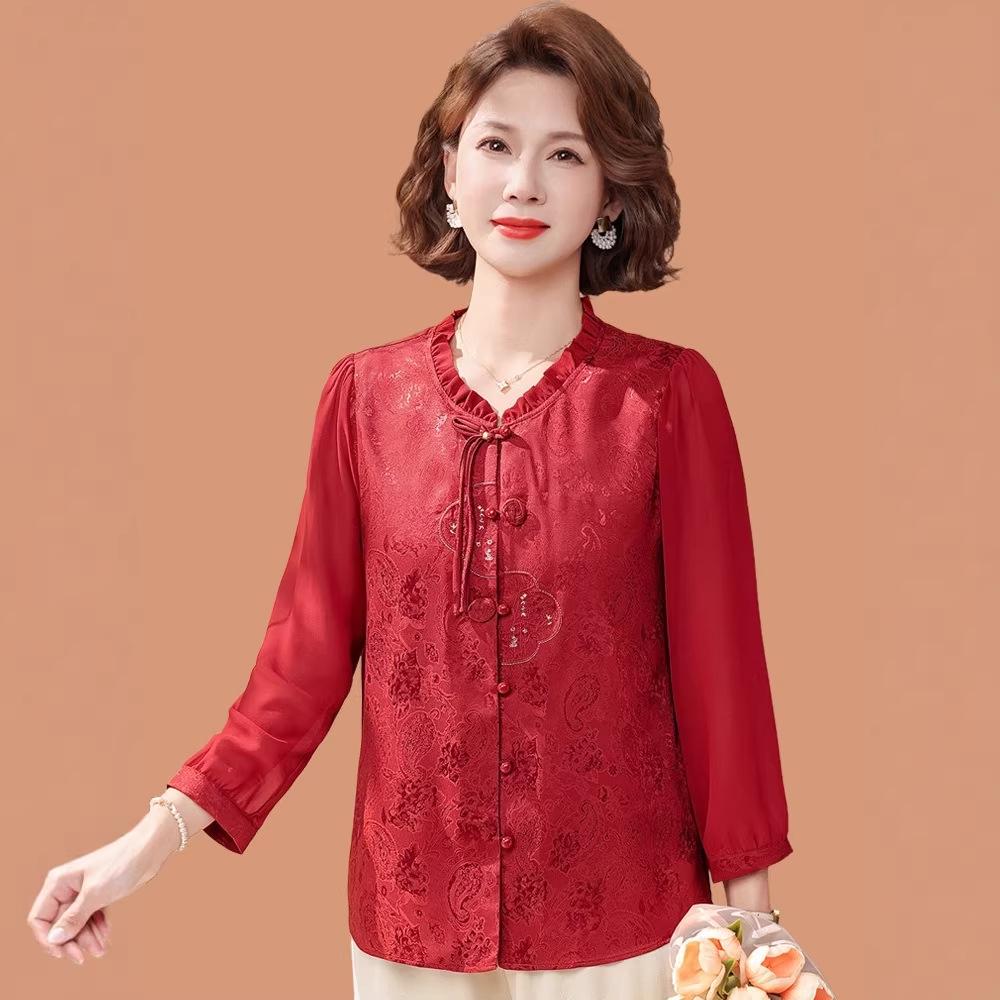 Mom's Spring 2026 Chiffon Blouse - New Chinese Style Fashion for Middle-Aged and Elderly Women