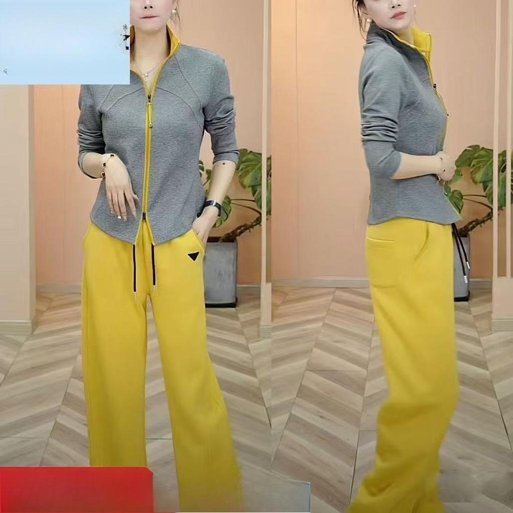 Spring Fashion Casual Sportswear Set - Elegant Stand-up Collar Long-sleeved Top, Straight-leg Pants - Two-piece Set