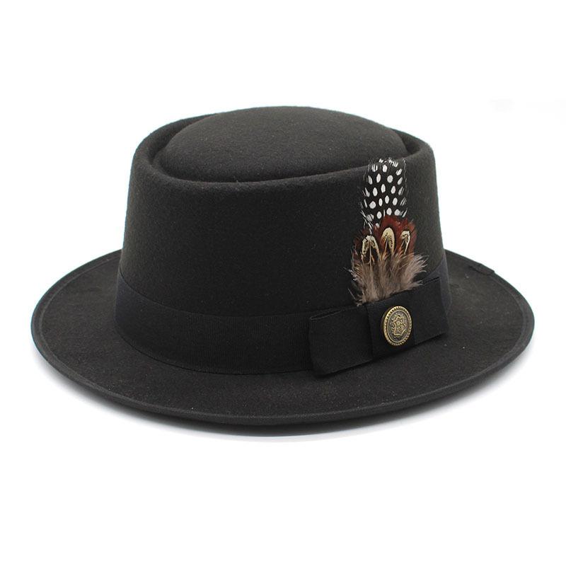 European and American new hats British retro fashion versatile jazz hats flat top tweed feather French gift