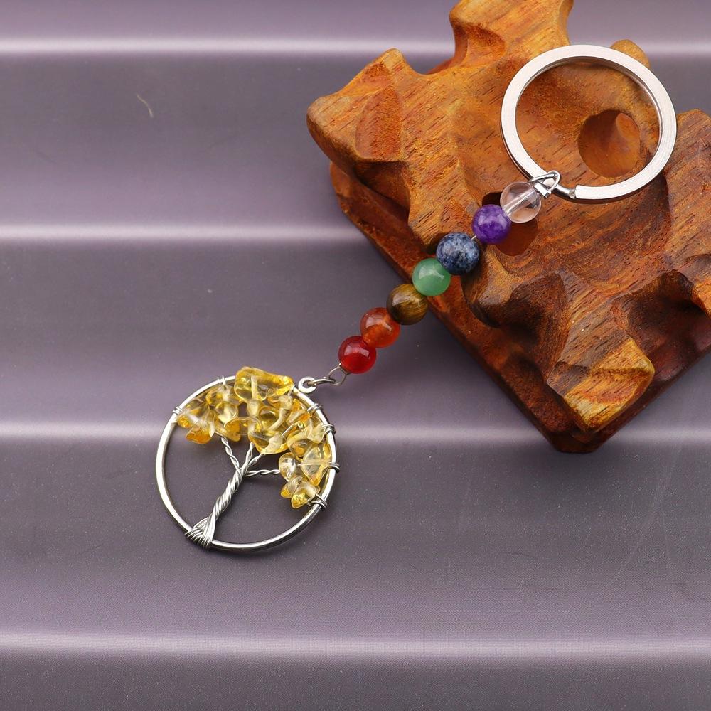 Gold Natural Crystal Colorful Stone Tree Of Life Keychain, Bag Pendant Pendant, Chakra Keychain K62