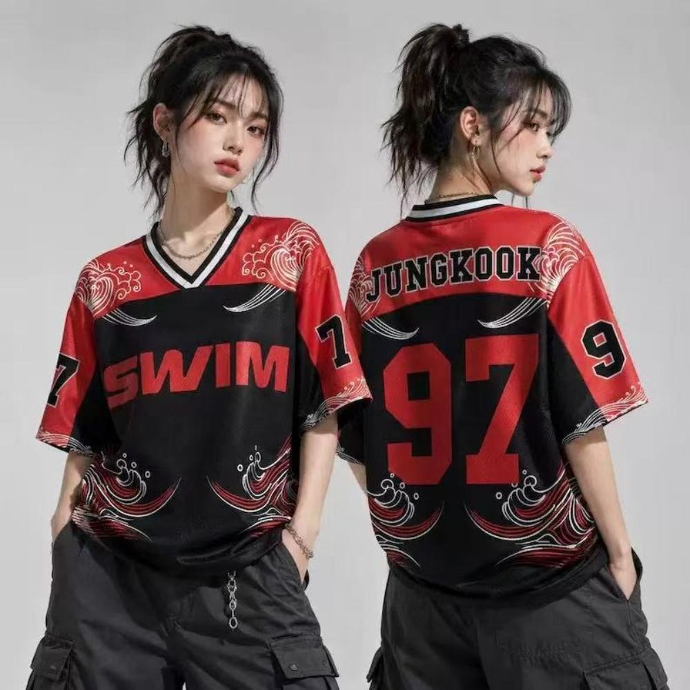 BTS Kpop ARMY 7 V-Neck Mesh Sports Jersey Short Sleeve Red Black Wave Graphic Streetwear Casual Fan Support Athletic Tee Shirt Top