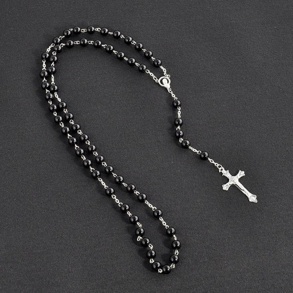 Imitation Pearl Cross Pendant Necklace Handmade Beads Religious Pendants Catholic Rosary