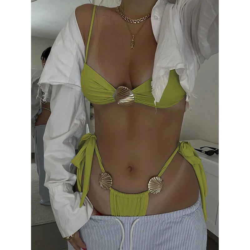 

Раздельные бикини пуш-ап Женские купальники Купальные костюмы Сексуальный комплект с ракушками Стринги Бикини Купальник Однотонная пляжная одежда L зелёный