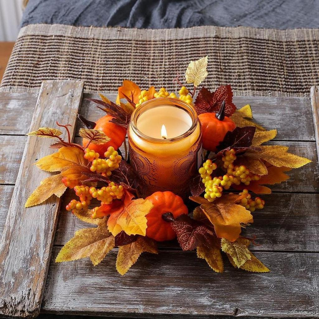 Thanksgiving Day Candle Ring Artificial Maple Leaves Wreaths Home Decor for Dining Room,Festival Celebration Kitchen Farmhouse