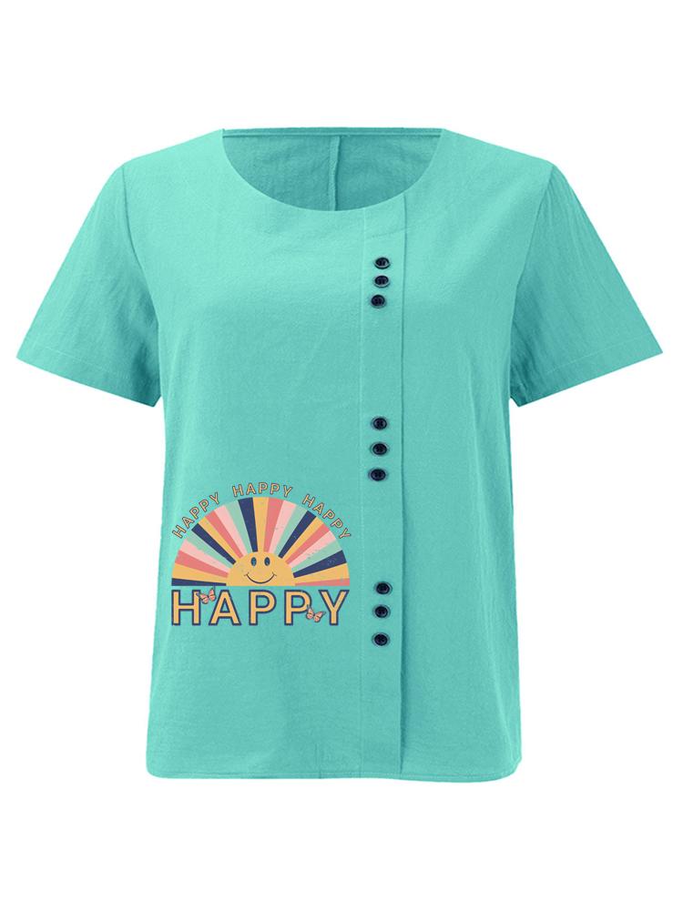 Women's Fashion Rainbow Letters Print Printing Shot Sleeve T-shirt Loose Cotton Shirt Casual Loose Summer Plus Size Blouse Tops
