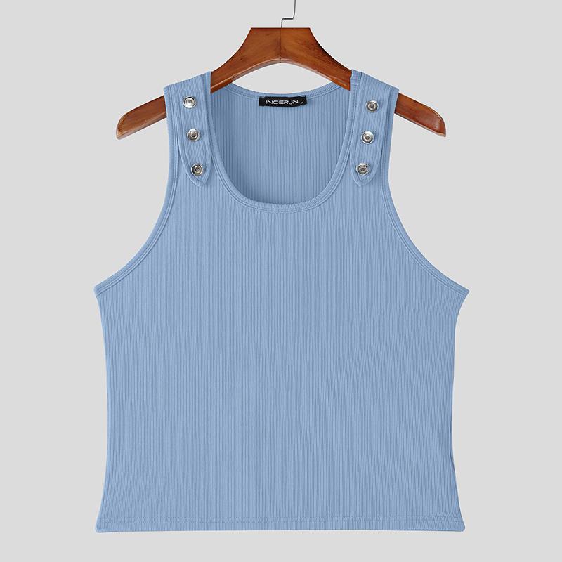 INCERUN Summer Men Sleeveless Strap Decorative Ribbed Casual Tank Tops