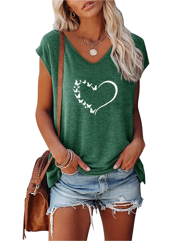 Women Fashion V Neck Printed T-shirt Summer Casual Short Sleeve Top