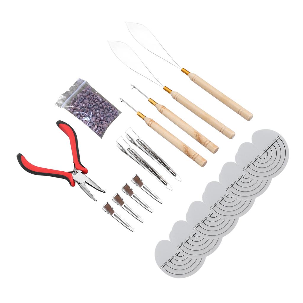 Hair Extensions Tool Kit Silicone Micro Rings Bead Wooden Handled Pulling Hook Needle Transparent Spacer Template