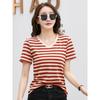 Women's V-neck T-shirt Solid Color Loose Short-sleeved Striped Casual Style XS Size for Summer Leisure Tops