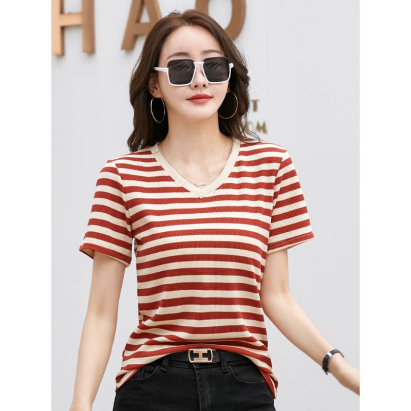 Women's V-neck T-shirt solid color loose short-sleeved striped casual style XS size for summer leisure tops