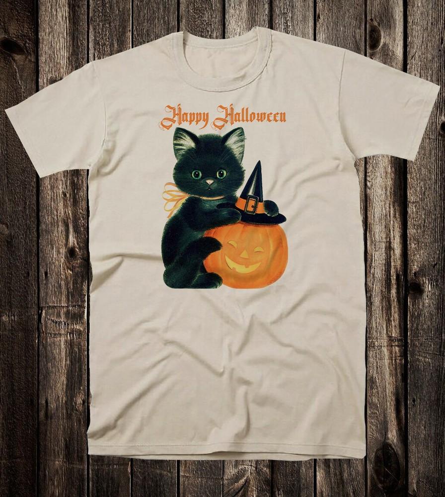 Retro Halloween Tee T Shirt Vtg Art White Cotton Cute Black Cat Jack O Lantern Unisex T-Shirt