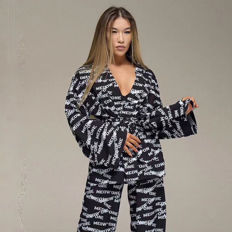 

European and American Print Loose and Comfortable Top Trousers Set Home Wear Printed Top and Pants Set Black S