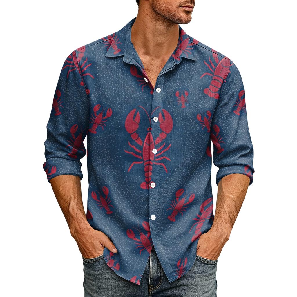 Men's Long Sleeve Hawaiian Shirt Lobster Print Button Down Collar Casual Beach Shirt for Summer Vacation and Outdoor Activities