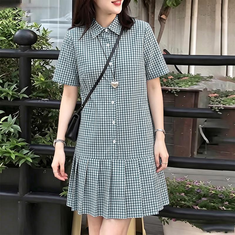 ZANZEA Women Casual Turn Down Collar Plaid Print Loose Short Sleeve Shirt Dress S зелёный