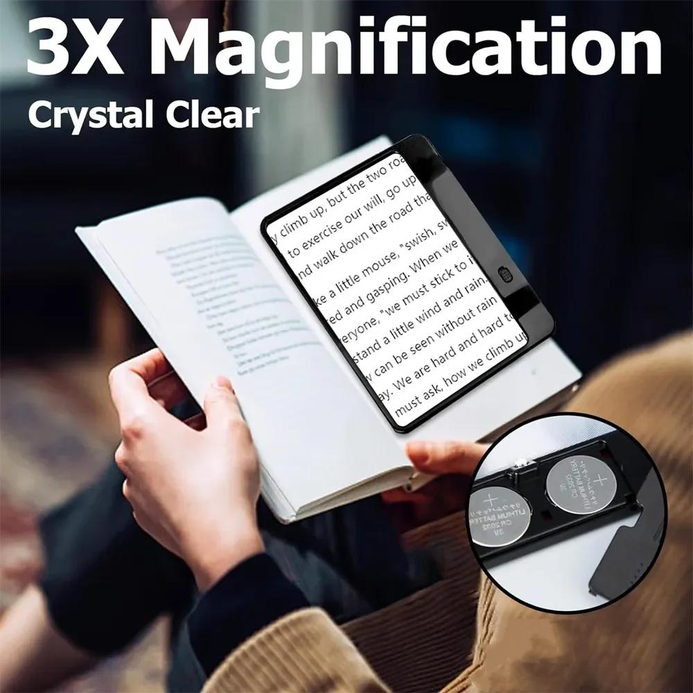 Lightweight 3X Full Page LED Magnifier Reading Sheet for Books Newspapers Seniors Kids Low Vision Craft Hobby Repair