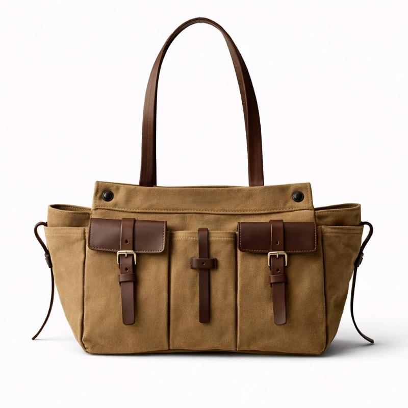 Borsa a Tote da Donna Retro di Grande Capacità con Tasche Multiple, Patchwork in Tela e Decorazioni con Cintura in Pelle per Uso a Spalla Singola