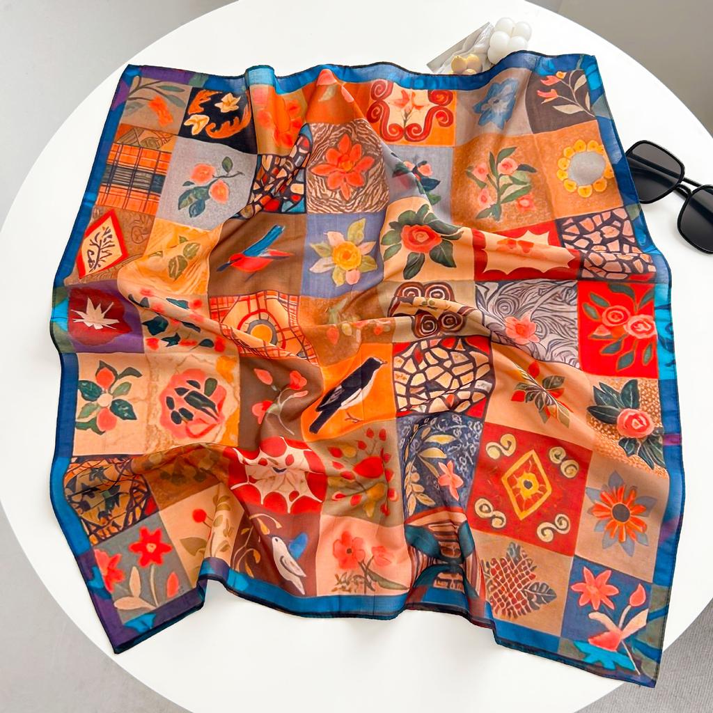 New spring and summer light and breathable 61 * 61cm square scarf versatile printed mulberry silk cotton blended women's silk scarf
