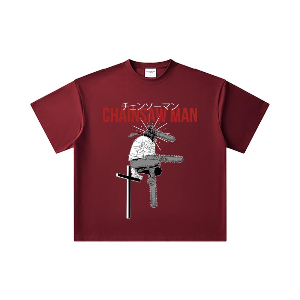 

260 GSM Double Yarn 32 Count 100% Cotton Chainsaw Man V41 Denji Print Unisex Heavy Cotton T Shirt 2XL вина червоного кольору