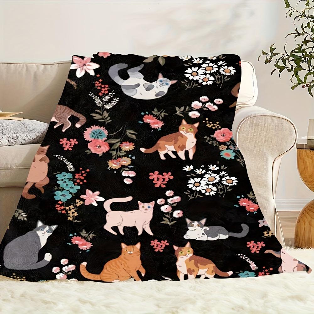 Cat and Floral Print Flannel Blanket | Rustic Style Home Decor with Vibrant Colors and Playful Print Flannel Blanket
