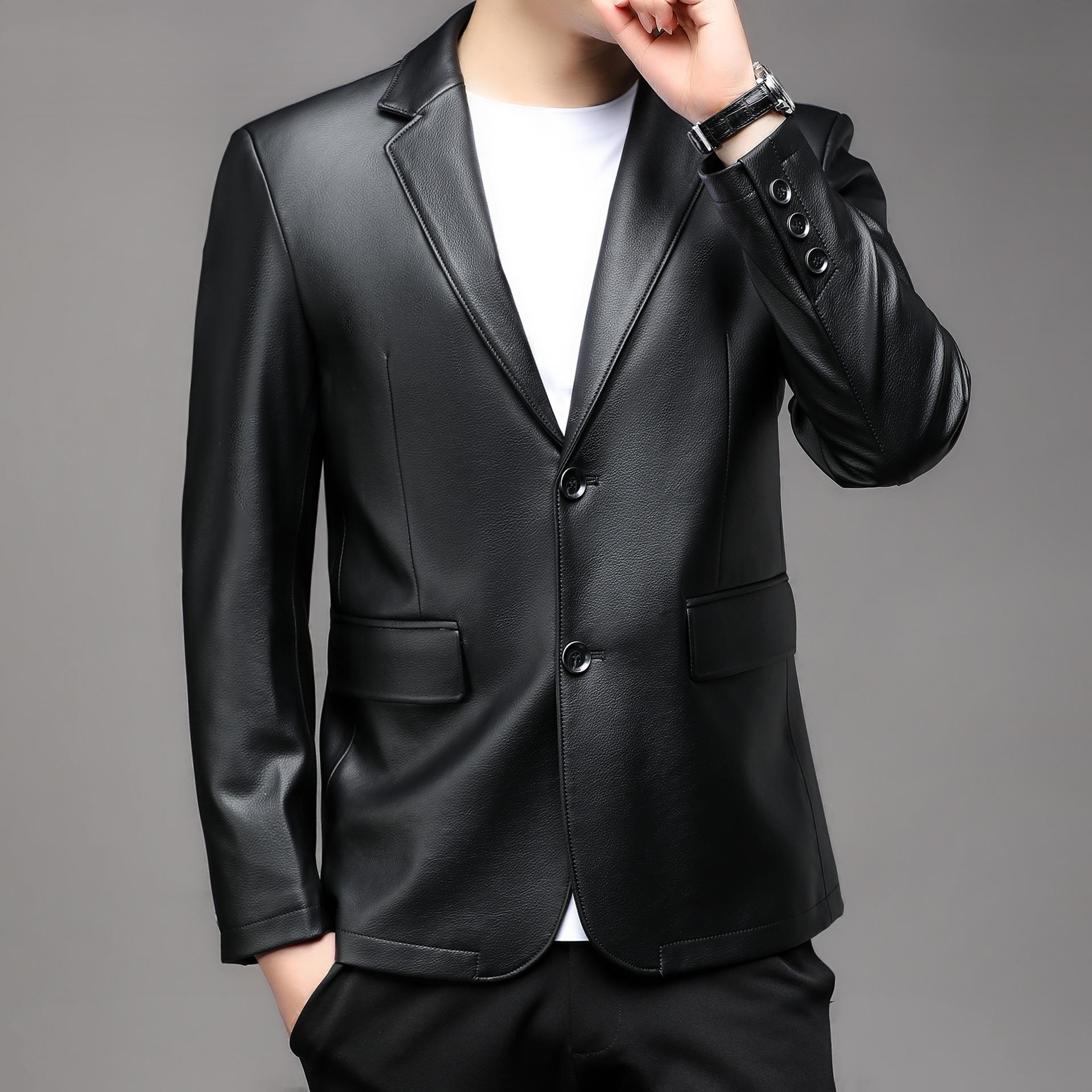 

New Leather Jacket Business Casual Suit Young Men s Leather Jacket Handsome Jacket Autumn and Winter Fashion Suit 170 чорний