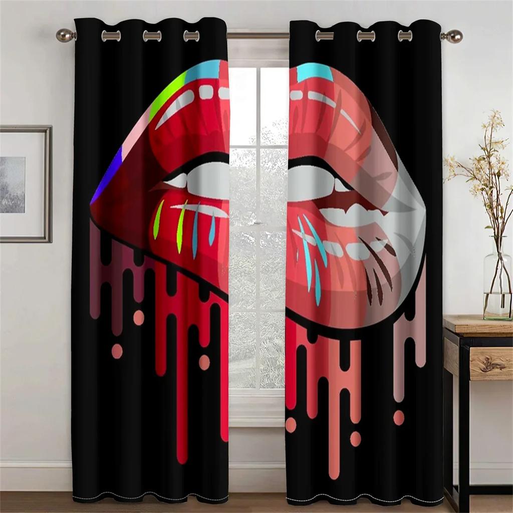 3D Sexy Rainbow Abstract Art Mouth Girl Light Filtering Drapes Window Curtains for Living Room Bedroom 2 Pieces Decor