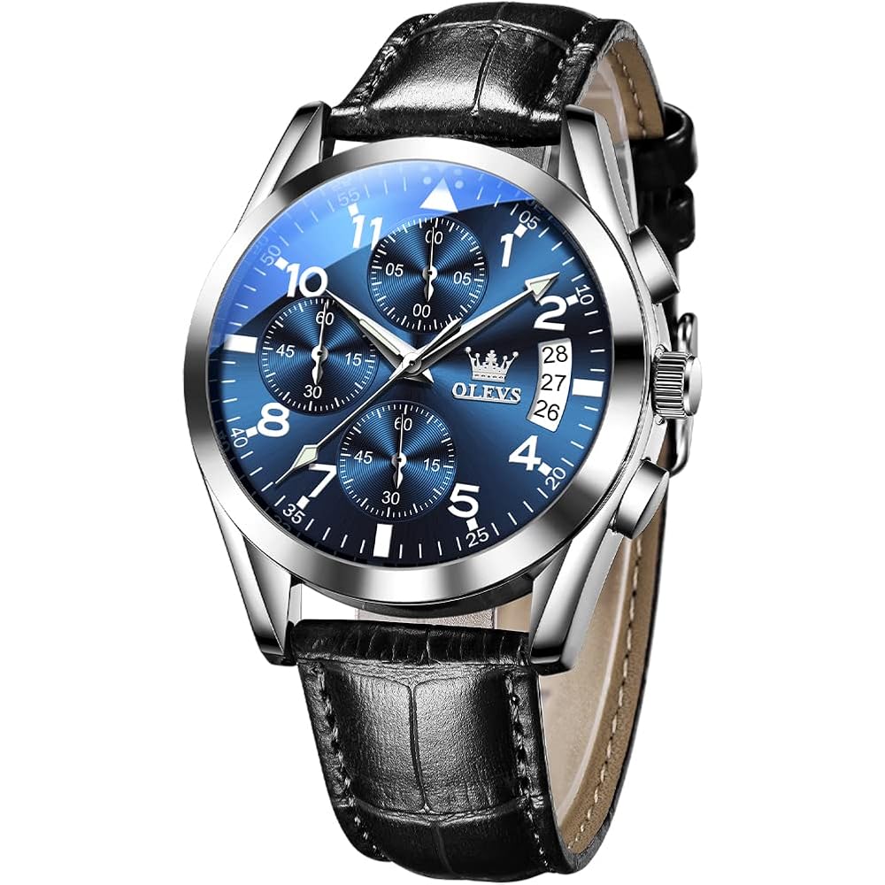 OLEVS Men s Simple Stylish Waterproof Analog Watch Black Leather Strap Arabic Numerals Date Chronograph Quartz Blue Dial
